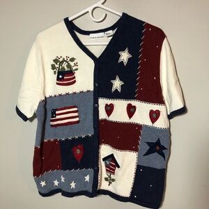 Vintage patchwork patriotic cotton blend short sleeve knit cardigan sweater XL